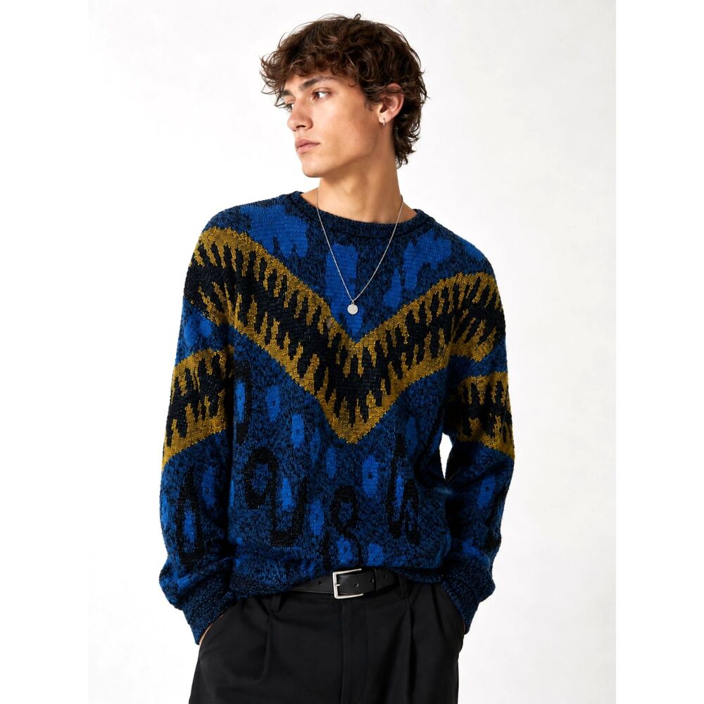 Vintage 80s 90s City Streets Blue Mustard Chevron Geometric Knit Sweater L